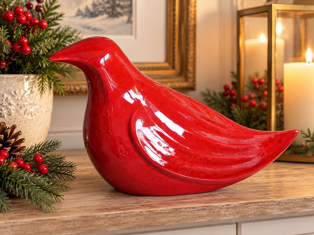 Glossy Red Bird Sculpture, Dove Style Decorative Figurine, 11 Inch, Christmas Ho